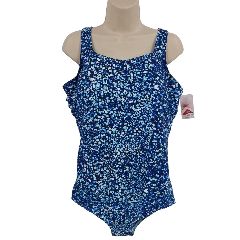 Lands' End Swimsuit Womens 18 DDD‎ Blue Spotted One Piece Shaping Beachy Resort